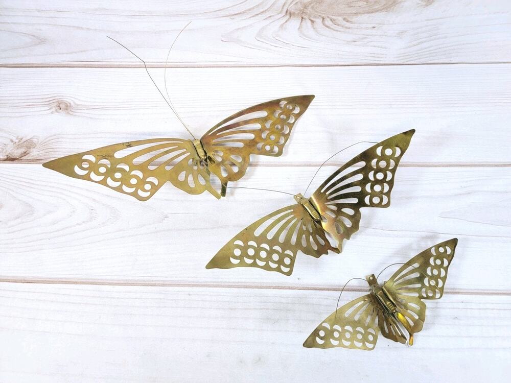 Vintage Solid Brass MCM Butterfly Wall Hanging Decor 3 Piece Set